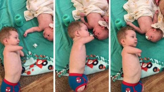 Little Boy Without Hands Gives Baby Brother Pacifier