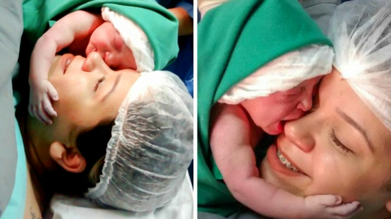 Newborn Baby Clings to Mom's Face